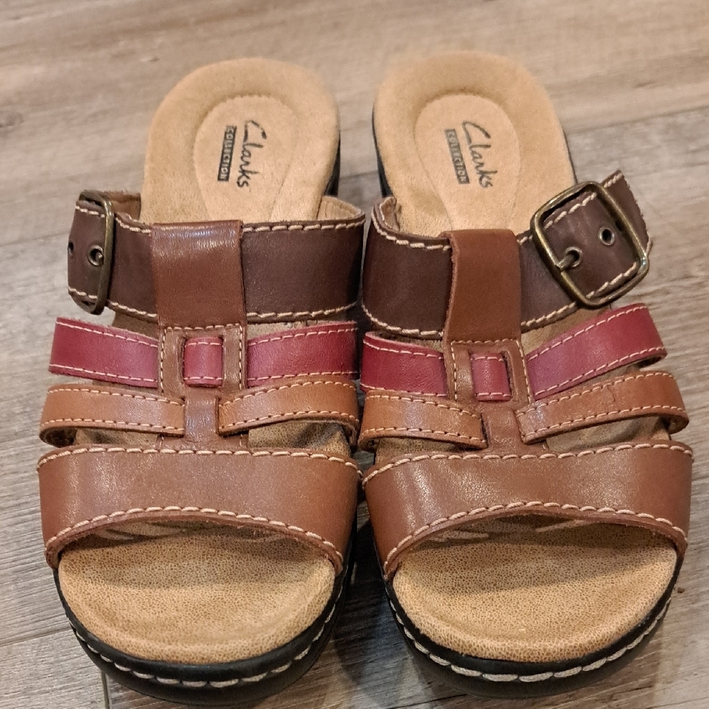 Clarks Brown and Red Leather Sandals with Cork Footbed